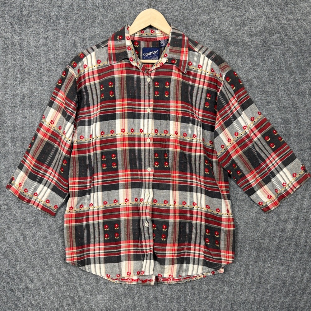Vintage Company One Sz‎ XL Shirt Black Plaid Embroidered Flower Button Up Cotton